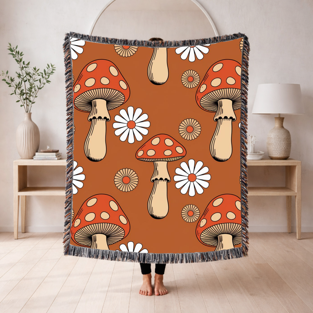 Groovy Mushroom Throw — 1970s Toadstool Daisy Woven Blanket