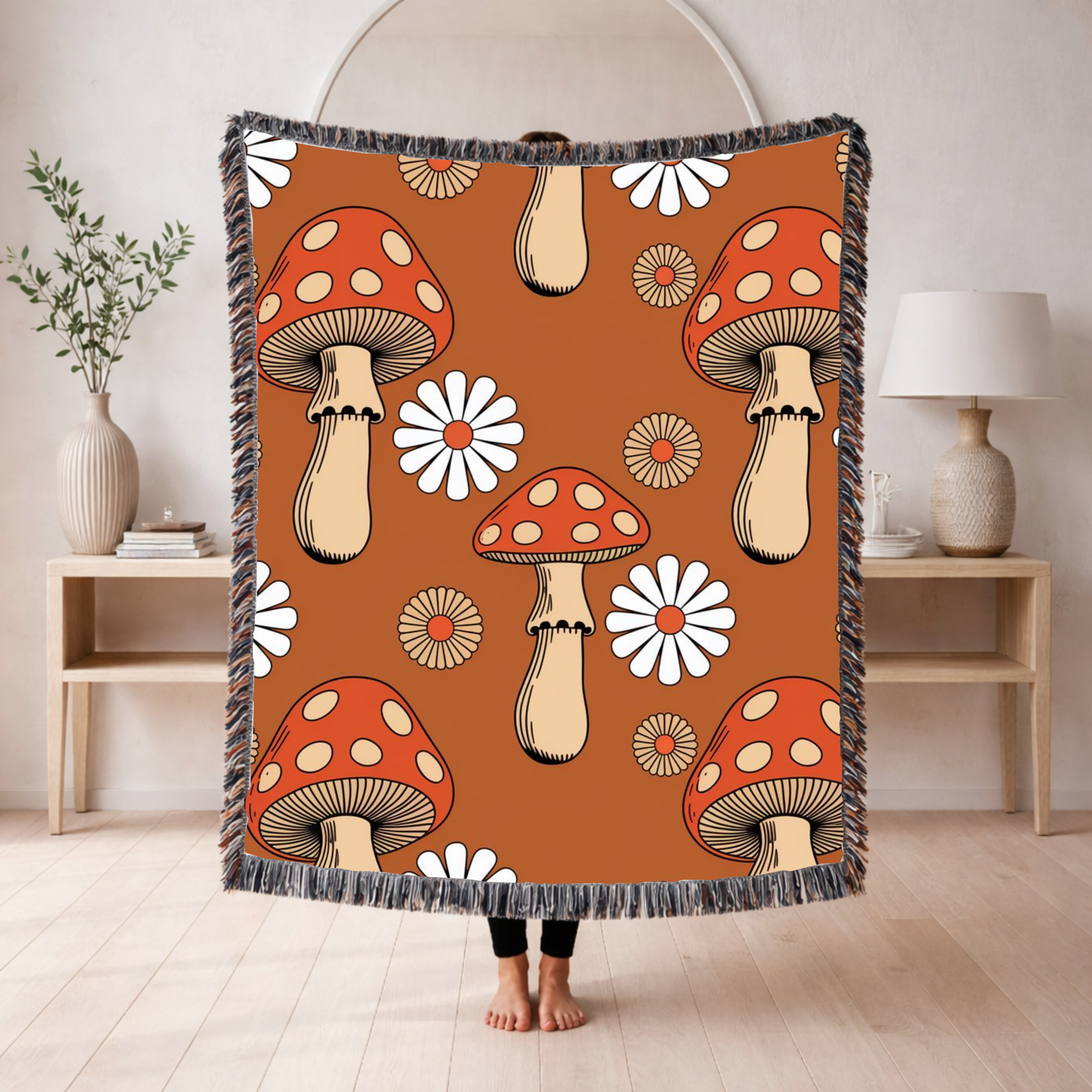Groovy Mushroom Throw — 1970s Toadstool Daisy Woven Blanket