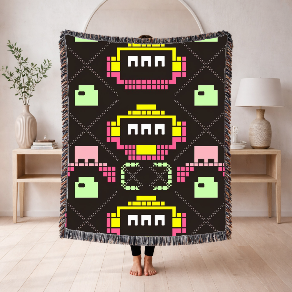 Pixel Robot Throw — 1980s Arcade Game Woven Blanket
