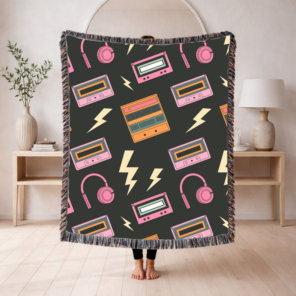 Walkman Throw — 1980s Headphones & Cassette Woven Blanket