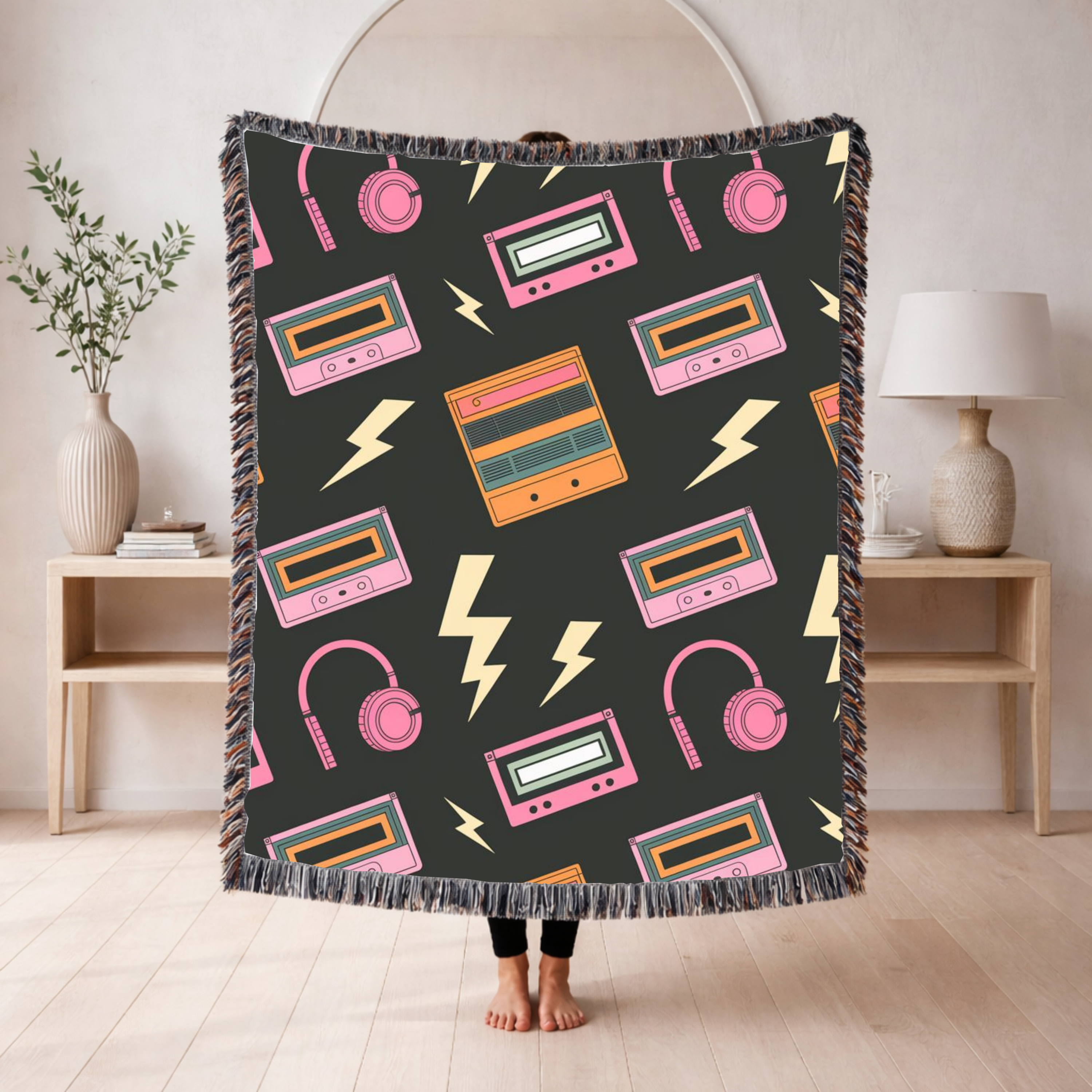 Walkman Throw — 1980s Headphones & Cassette Woven Blanket