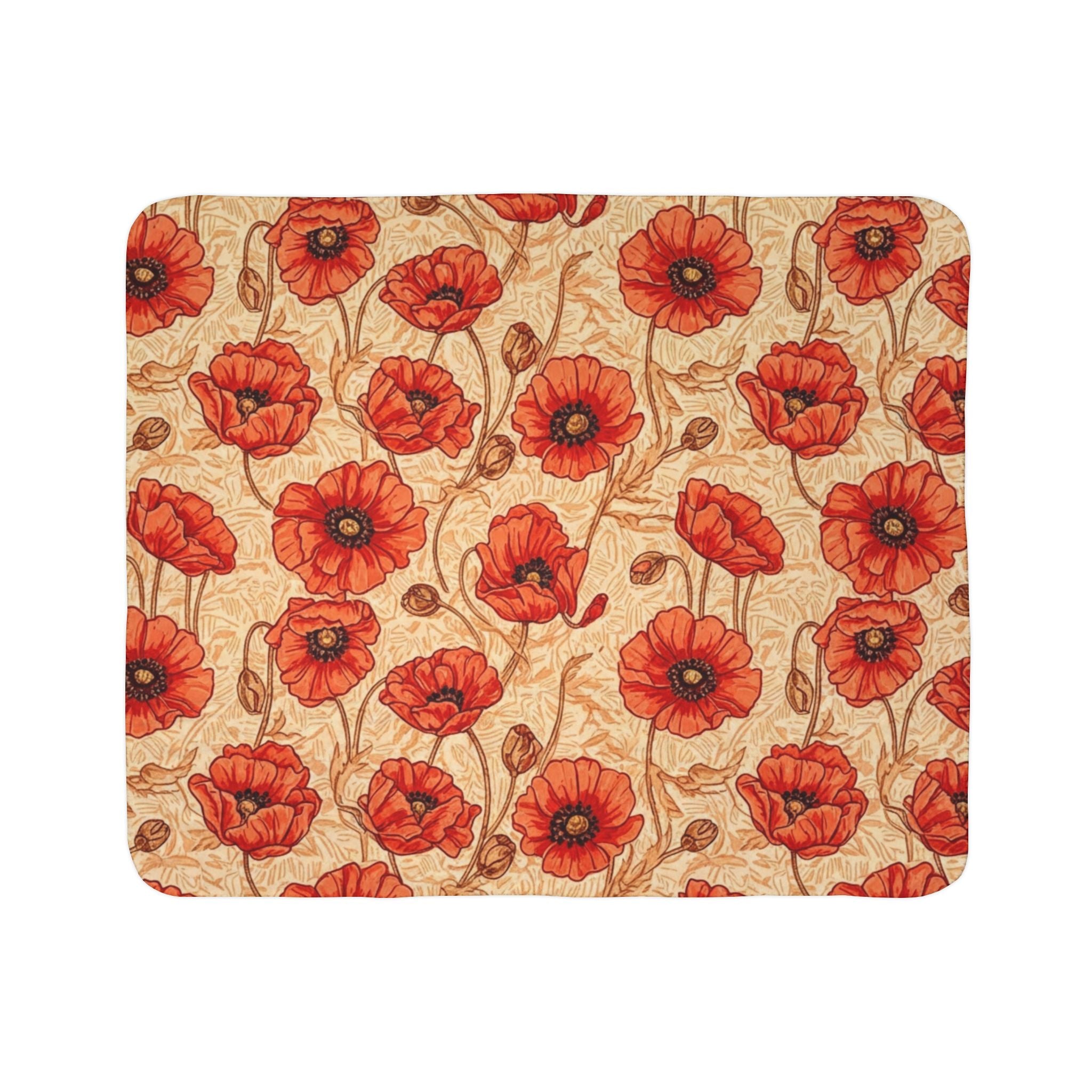 1940s Crimson Poppy Field Woven Blanket - 1940s Bold Graphic Woven Blanket