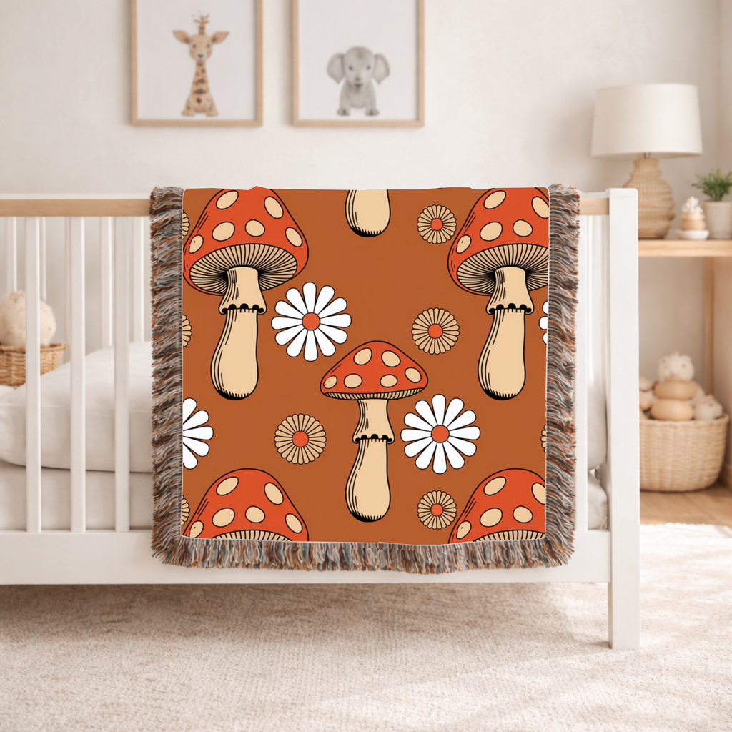 Groovy Mushroom Throw — 1970s Toadstool Daisy Woven Blanket