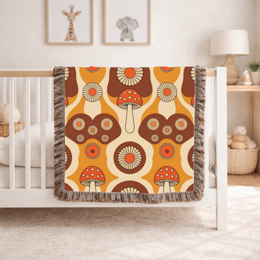 Mushroom Garden Throw — 1970s Retro Fungi Woven Blanket