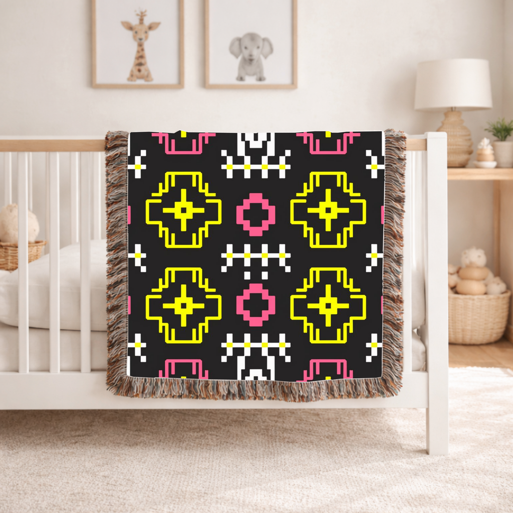 Pixel Bloom Throw — 1980s Arcade Neon Woven Blanket