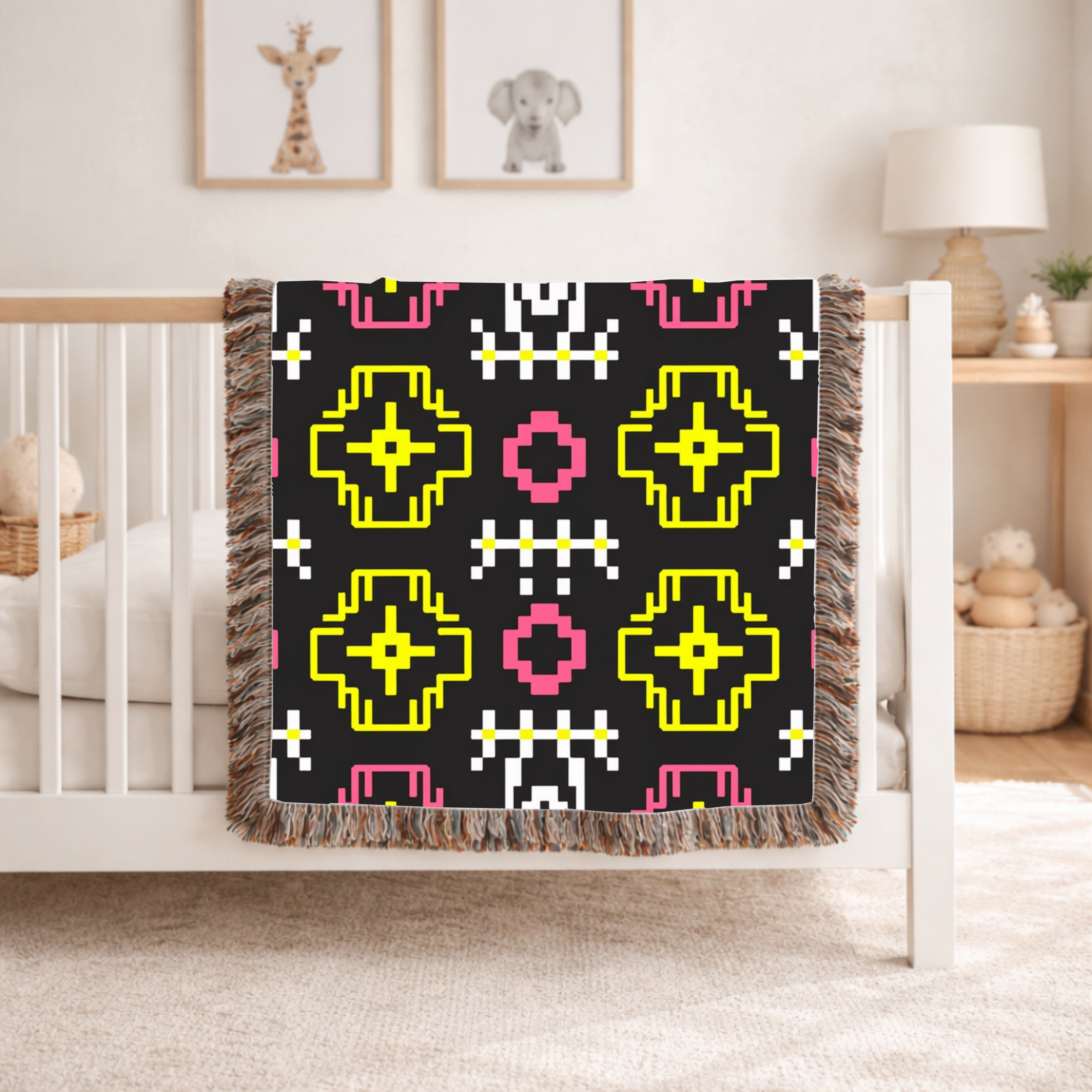Pixel Bloom Throw — 1980s Arcade Neon Woven Blanket