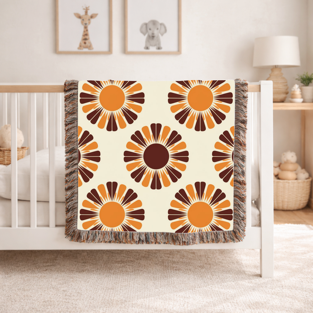 Harvest Sunflower Throw — 1970s Folk Sunflower Woven Blanket