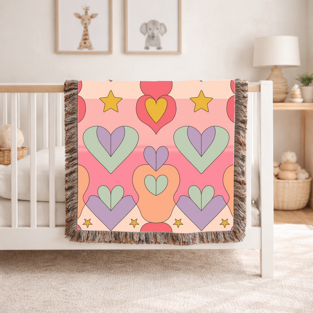 Layered Heart Throw — 1980s Rainbow Love Woven Blanket
