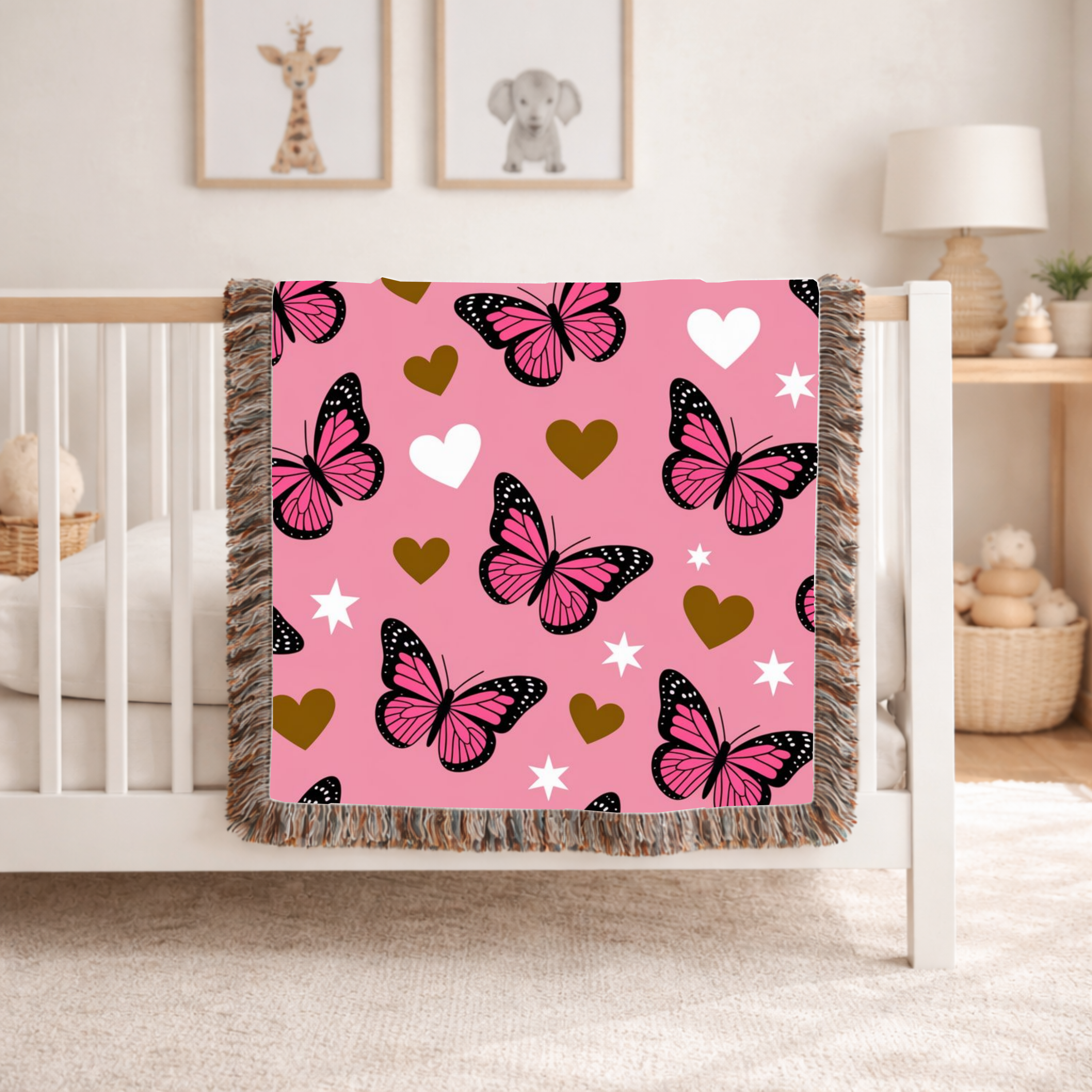 Butterfly Kiss Throw — 2000s Pink Butterfly & Heart Woven Blanket