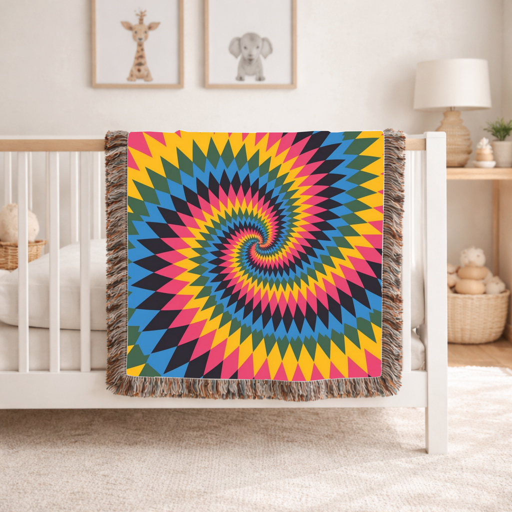 Spectrum Throw — 1990s Rainbow Spiral Woven Blanket