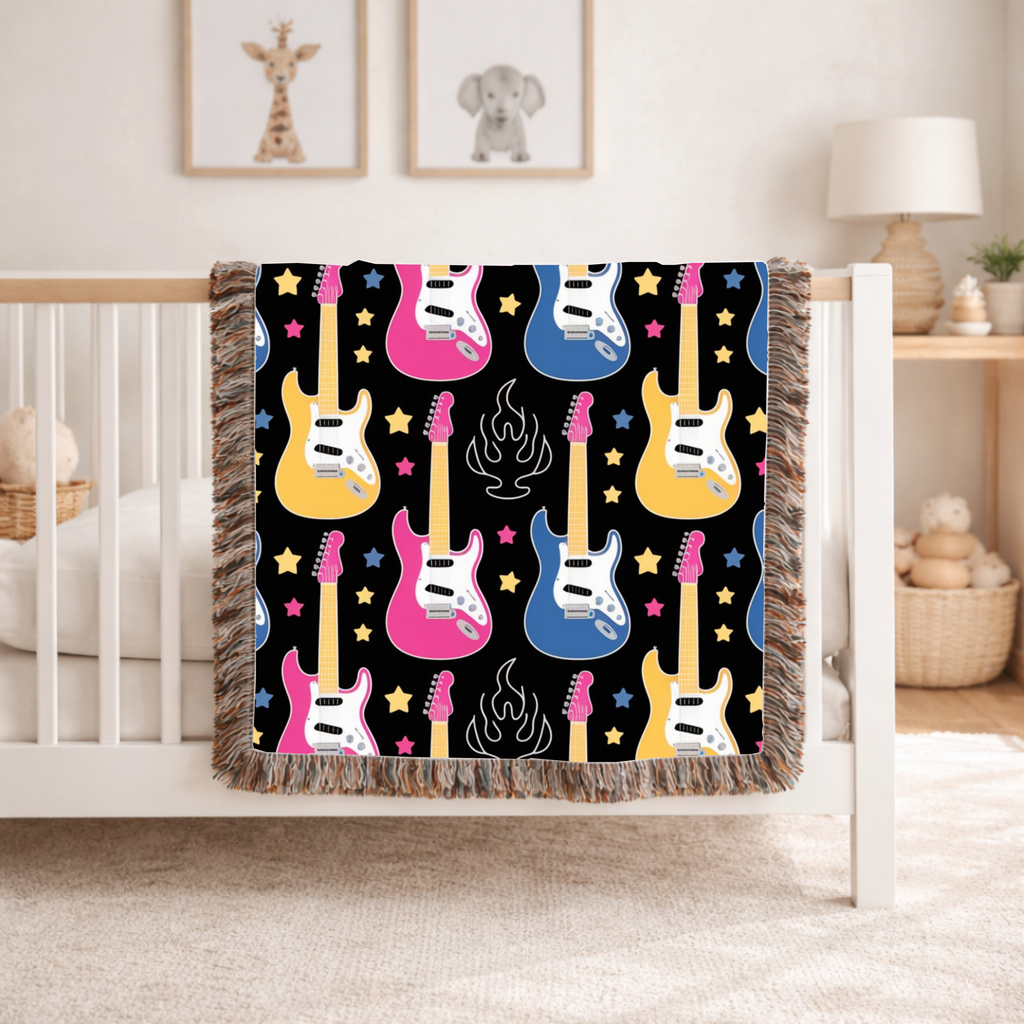 Rock Flame Throw — 1980s Guitar Fire Woven Blanket