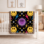 Bolts & Smiles Throw — 1990s Smiley & Lightning Woven Blanket