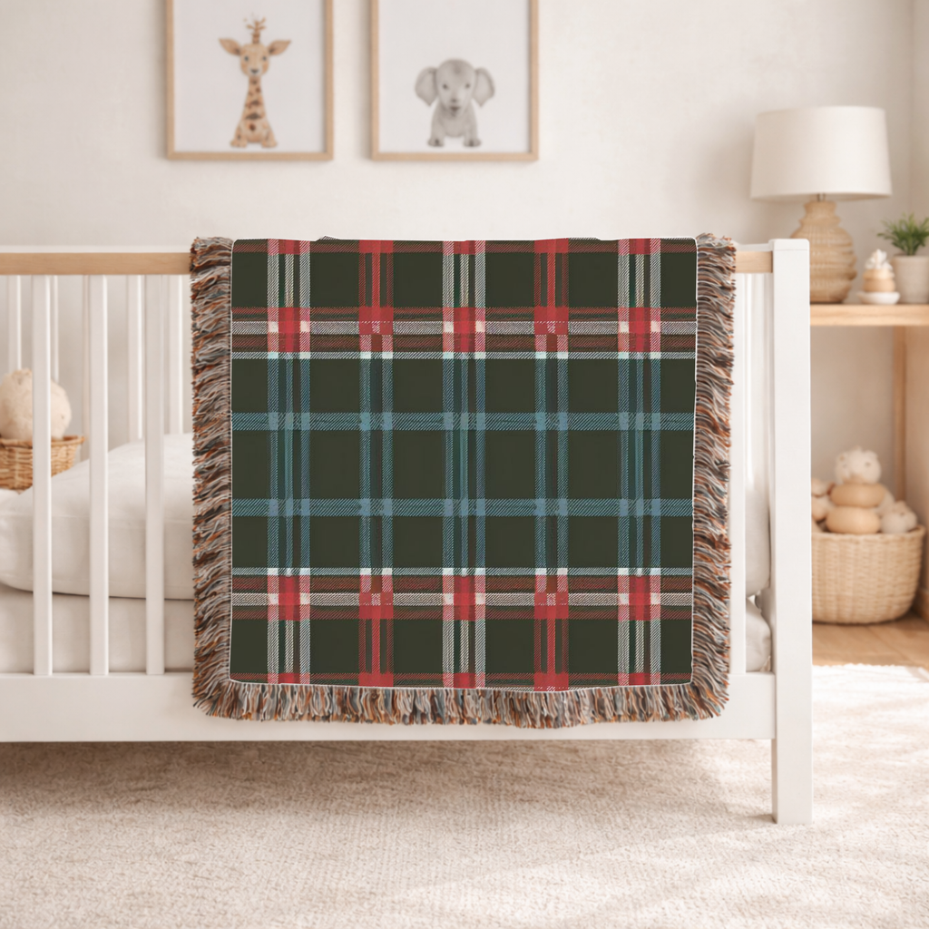 Electric Tartan Throw — 1990s Teal & Red Plaid Woven Blanket
