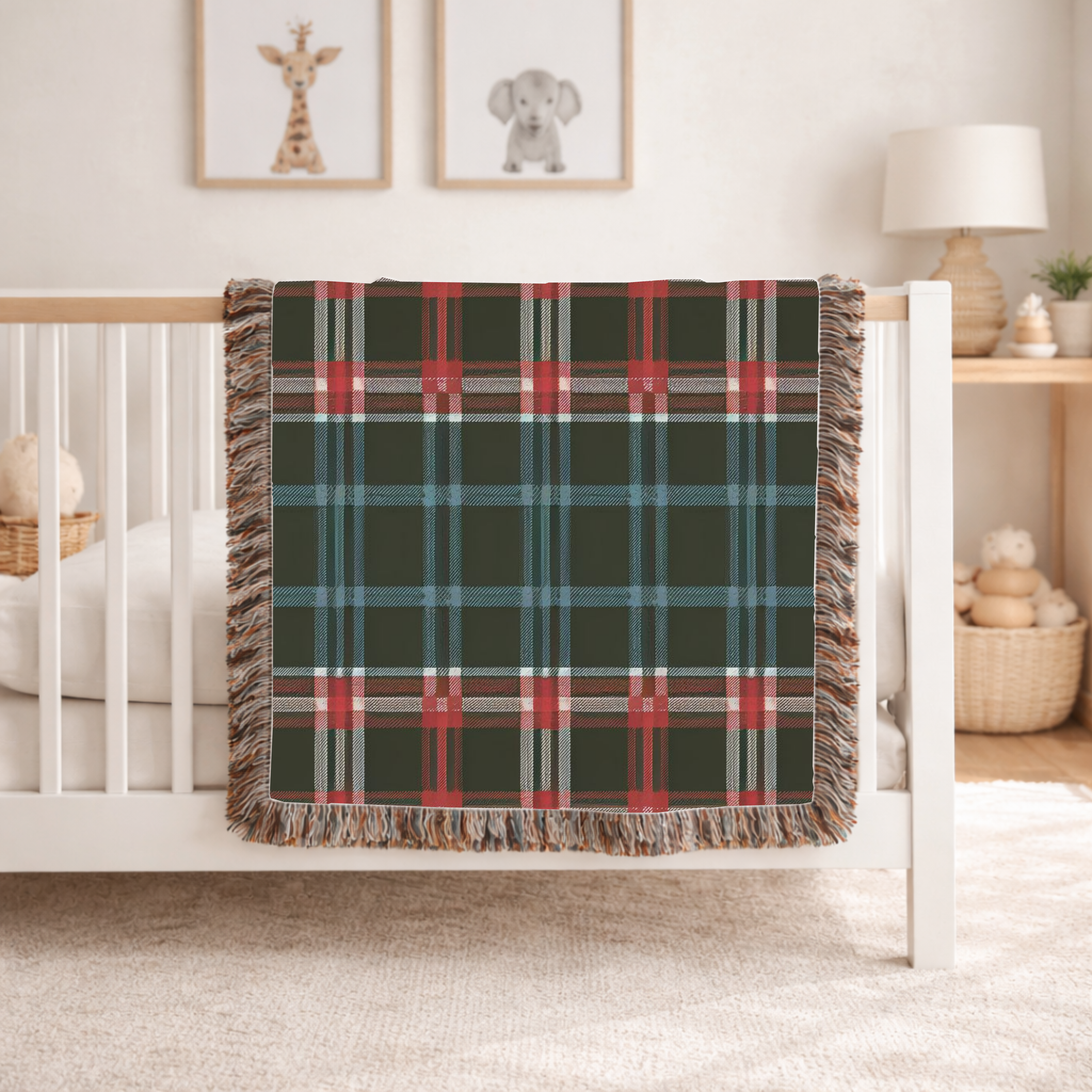 Electric Tartan Throw — 1990s Teal & Red Plaid Woven Blanket