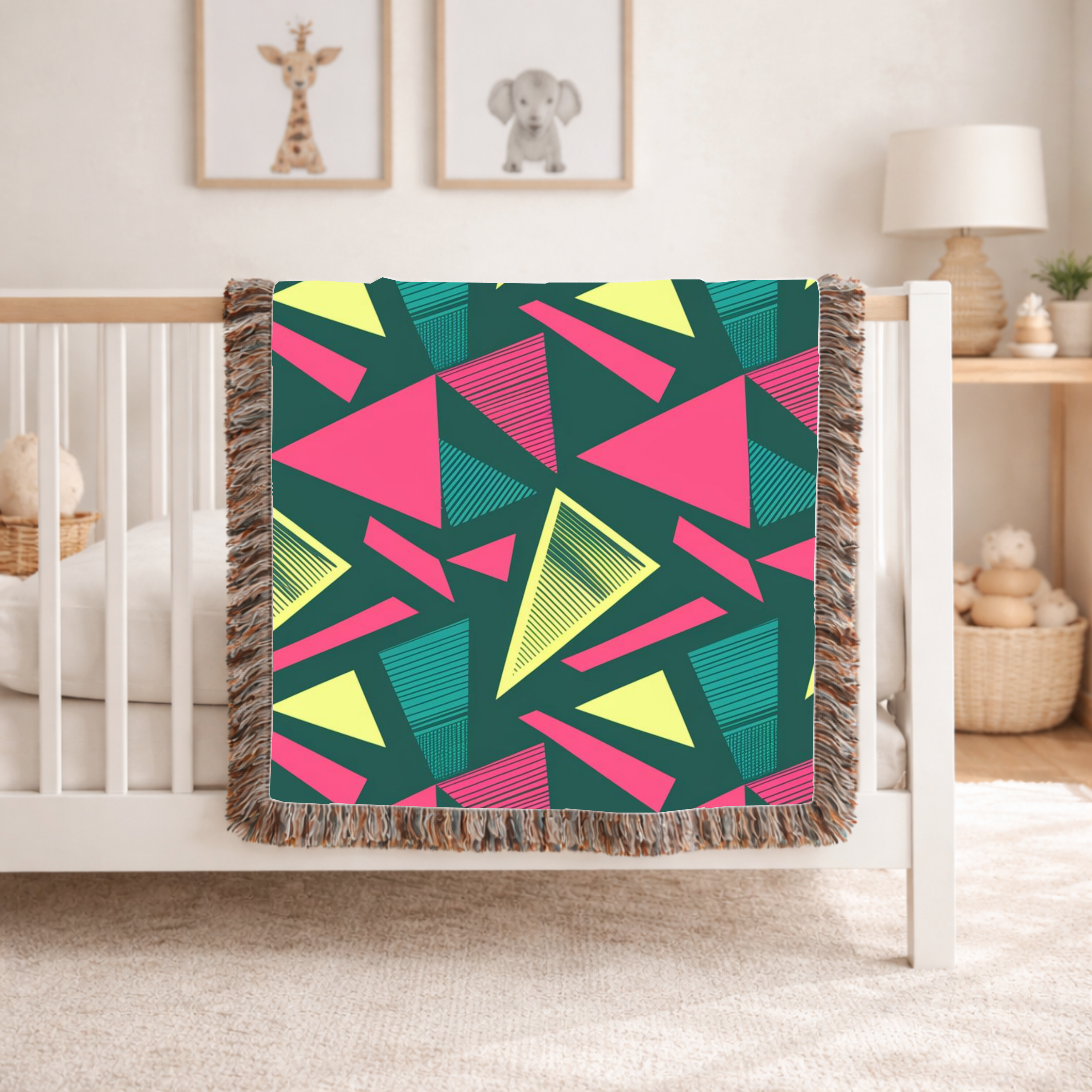 Neon Triangle Throw — 1980s Memphis Geometric Woven Blanket