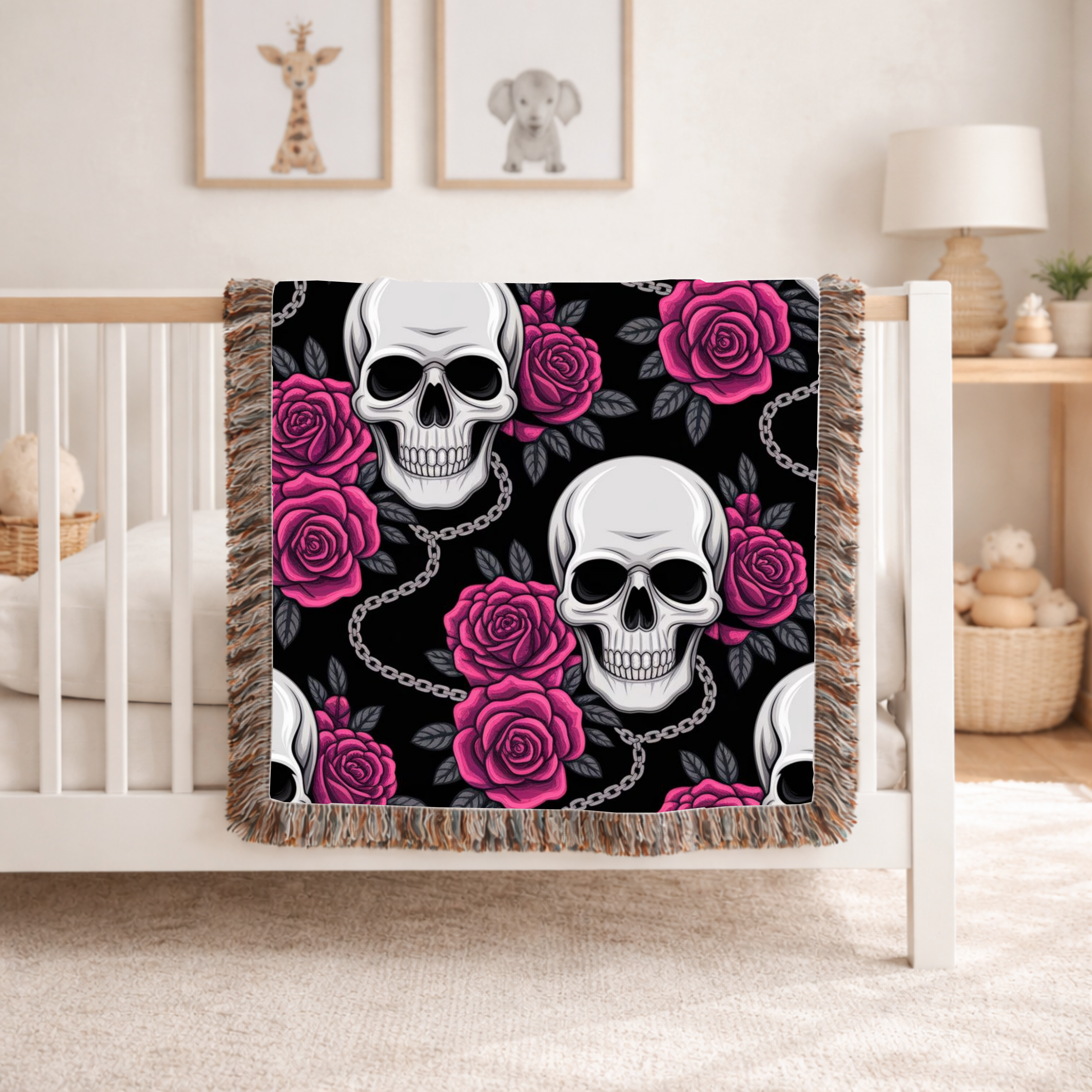 Skull & Roses Throw — 1990s Gothic Skull & Rose Woven Blanket