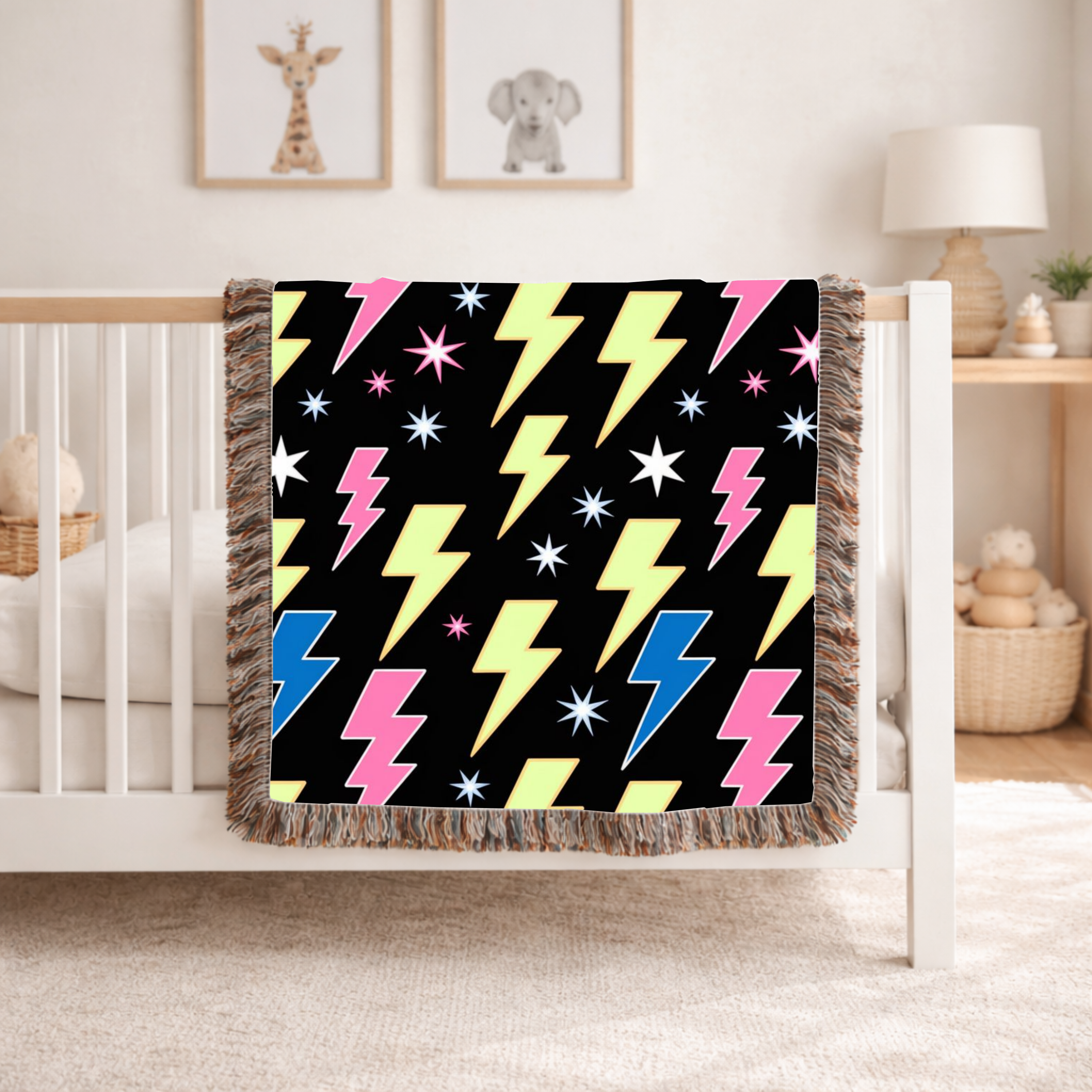 Lightning Strike Throw — 1980s Neon Bolt Woven Blanket