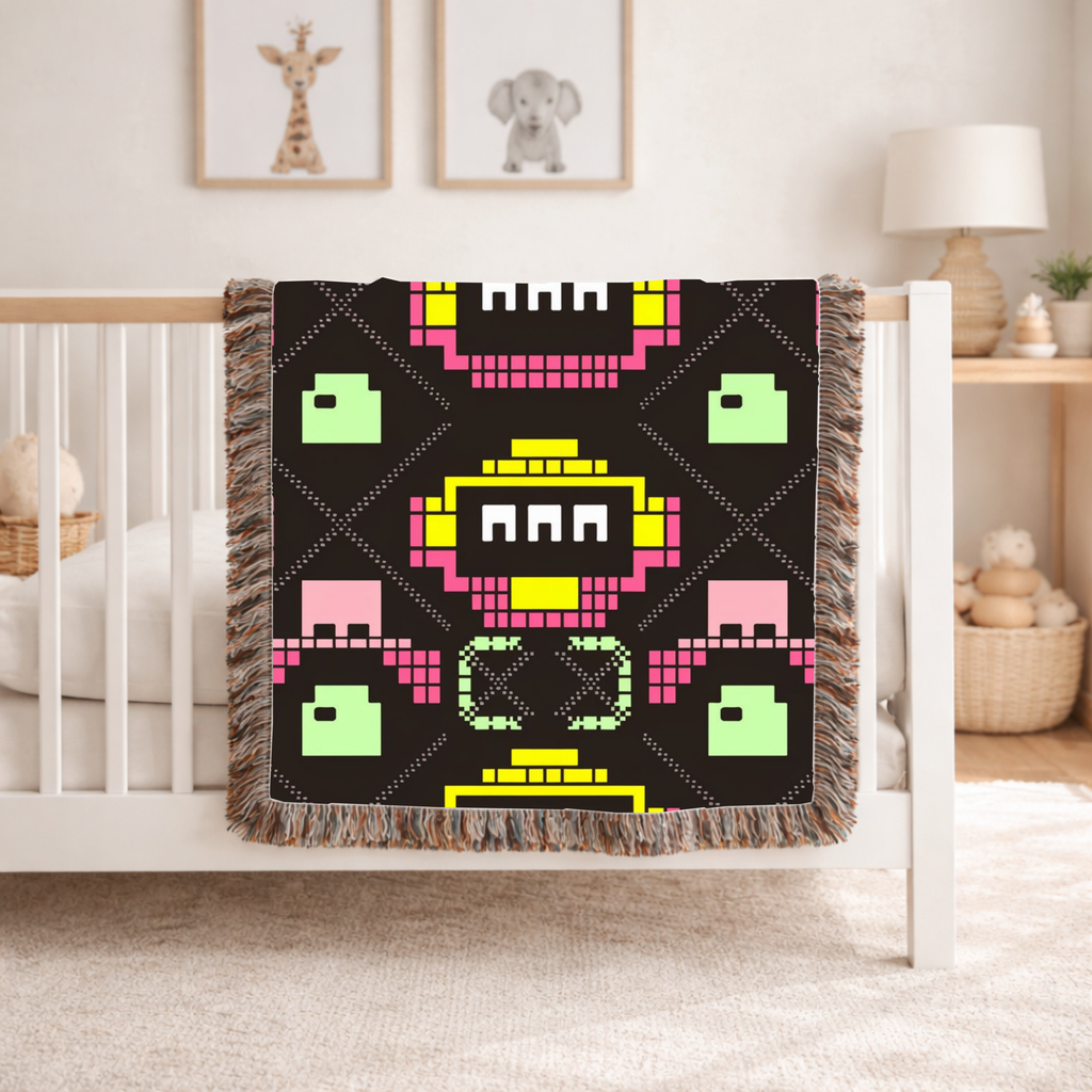Pixel Robot Throw — 1980s Arcade Game Woven Blanket