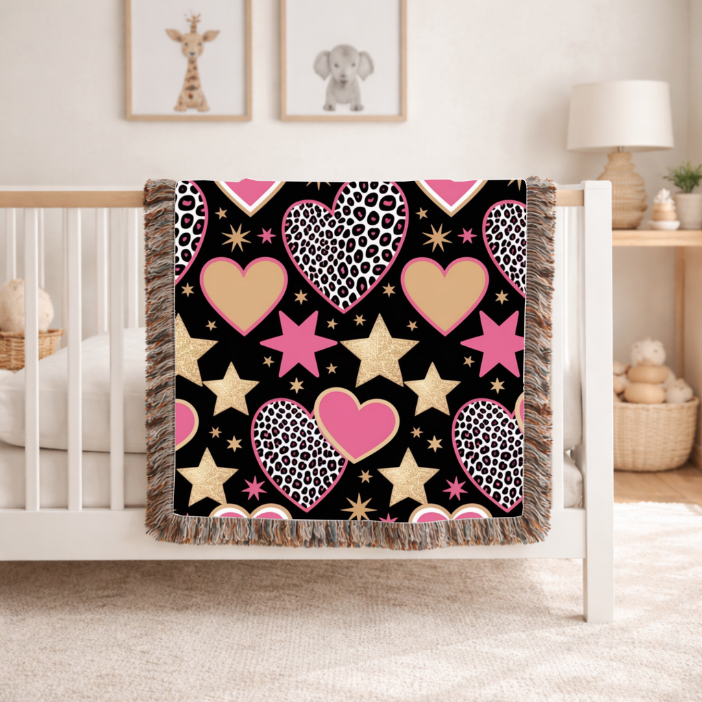 Girl Power Throw — 1990s Leopard Heart & Star Woven Blanket