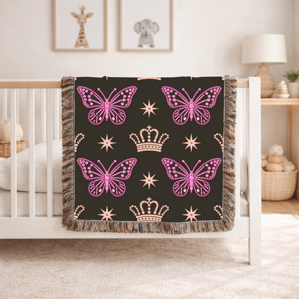 Crown & Wings Throw — 2000s Y2K Butterfly Crown Woven Blanket
