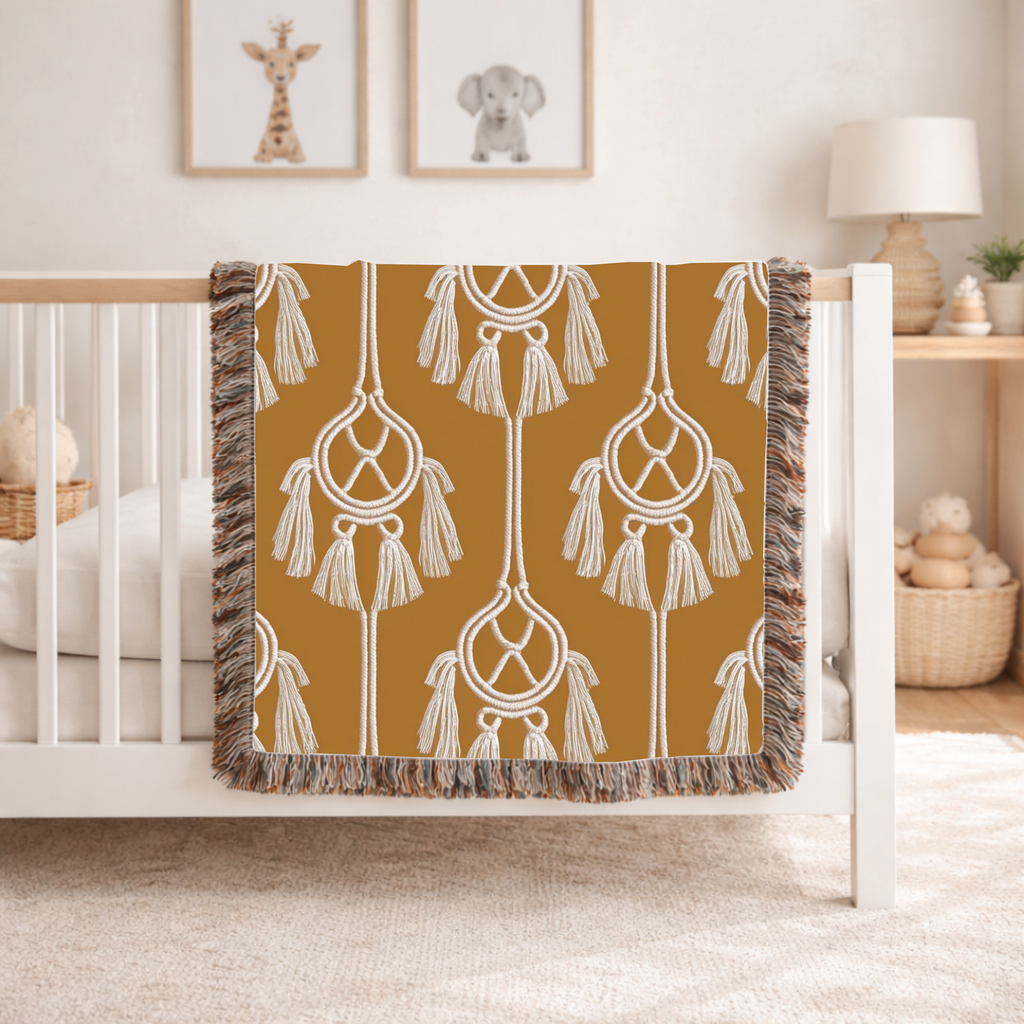 Macramé Tassel Throw — 1970s Bohemian Circle Woven Blanket