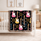 Woven Electric Guitar Throw Blanket | Pink Yellow Blue Black Stars, 1980s Rock Décor