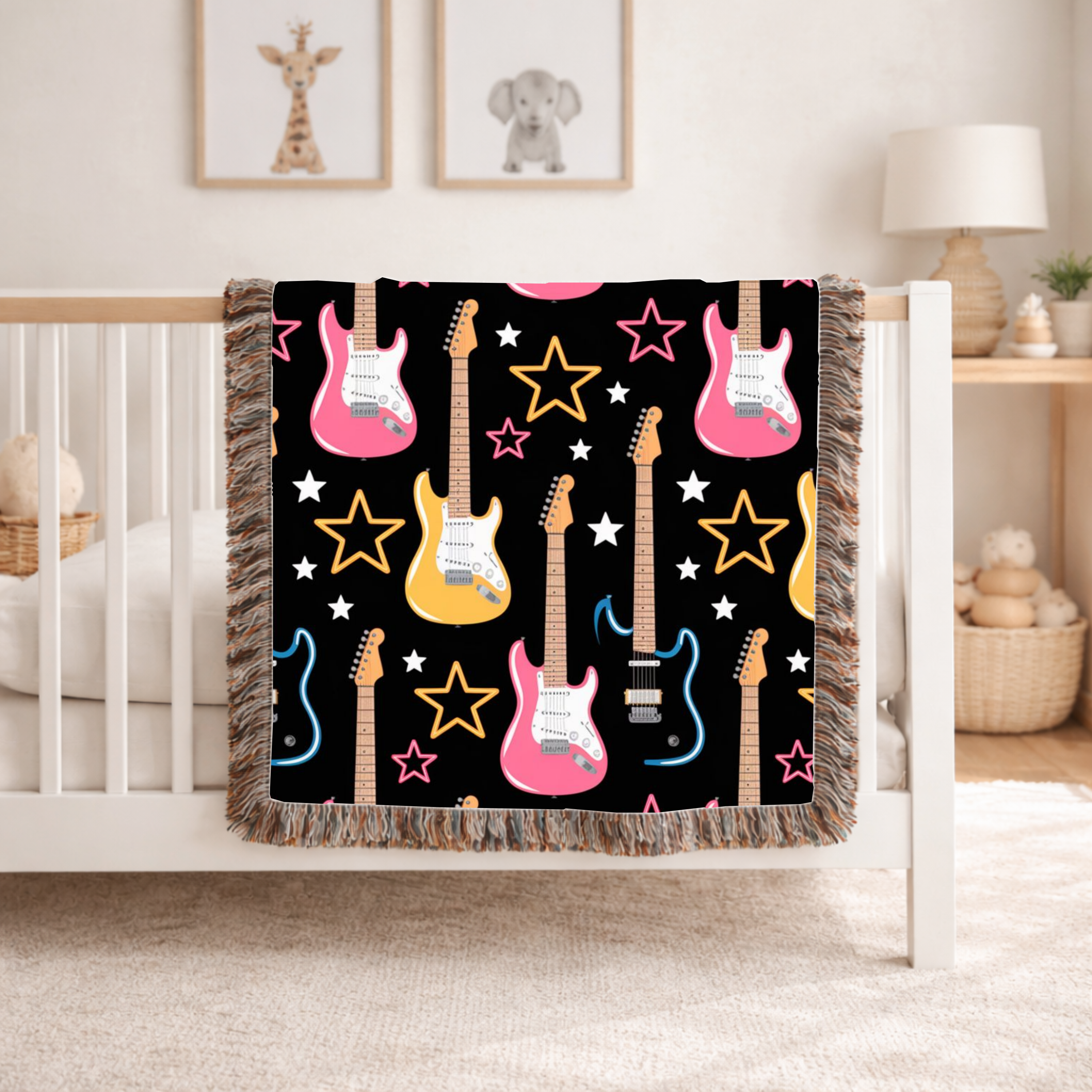 Woven Electric Guitar Throw Blanket | Pink Yellow Blue Black Stars, 1980s Rock Décor