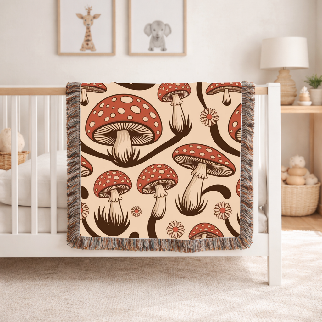 Forest Floor Throw — 1970s Woodland Mushroom Woven Blanket
