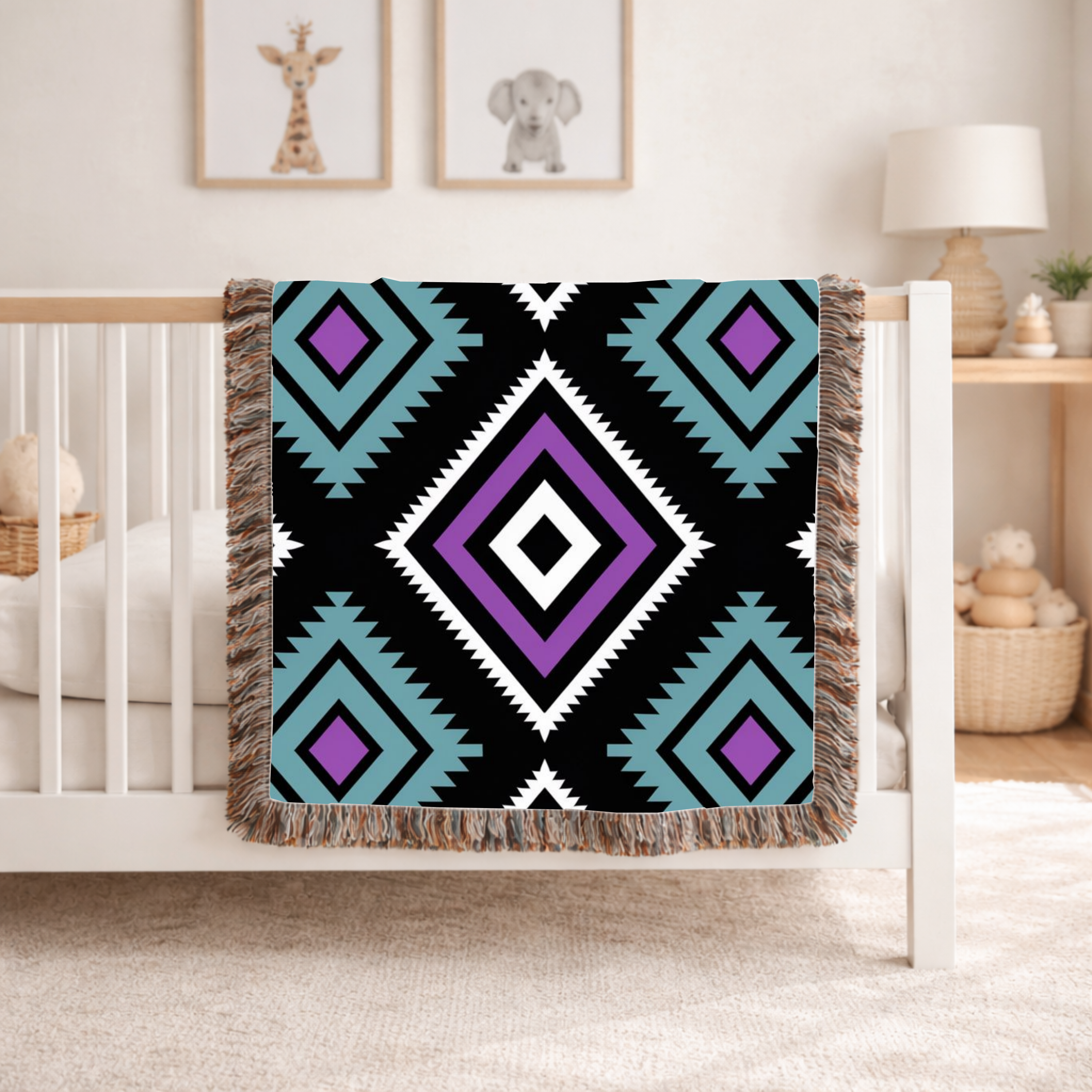Neon Tribe Throw — 1990s Teal & Purple Geometric Woven Blanket