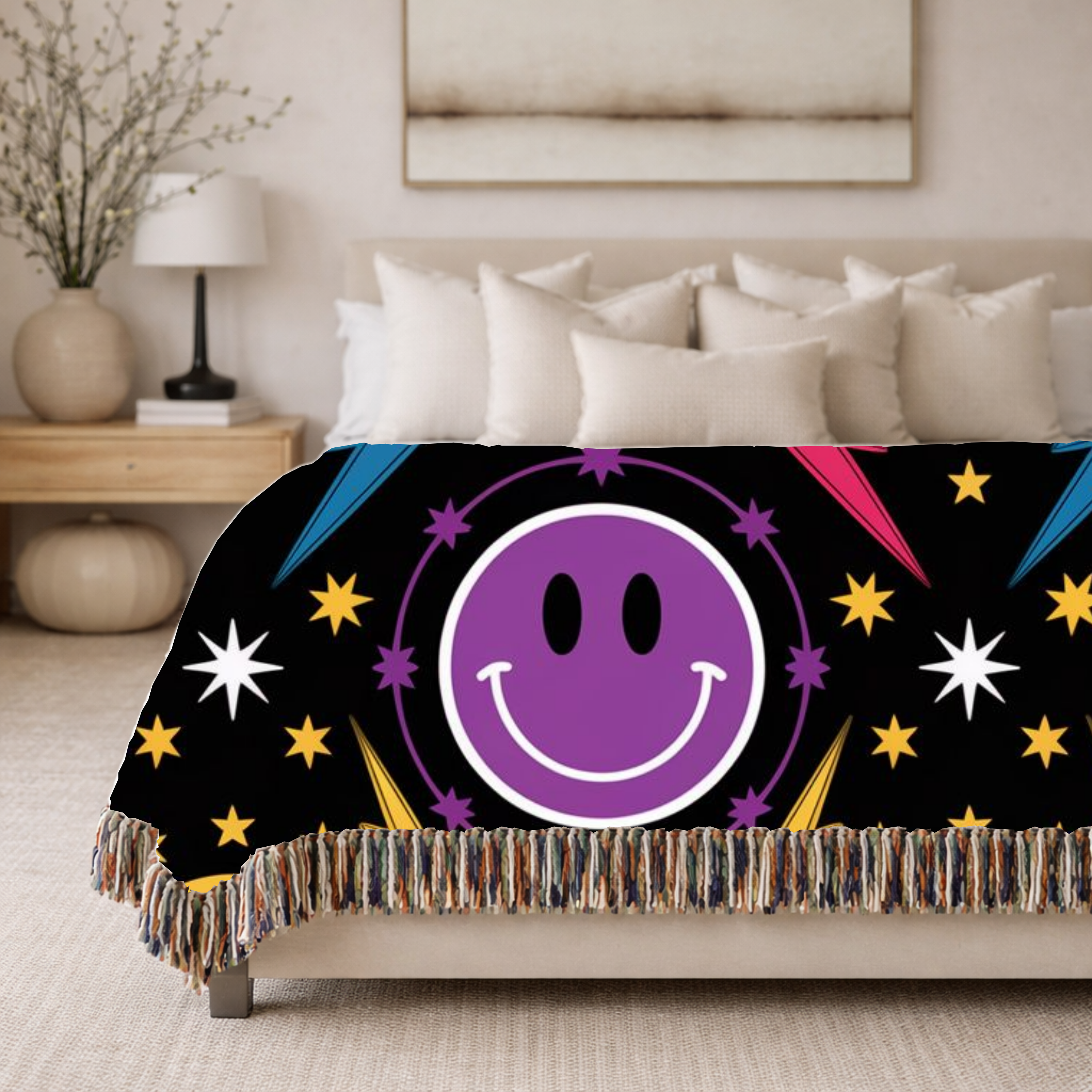 Bolts & Smiles Throw — 1990s Smiley & Lightning Woven Blanket
