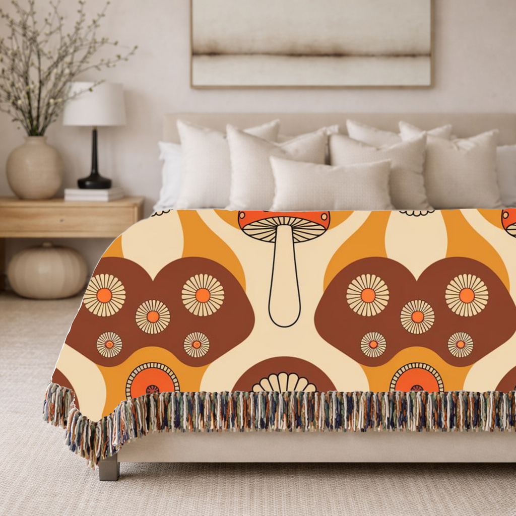 Mushroom Garden Throw — 1970s Retro Fungi Woven Blanket