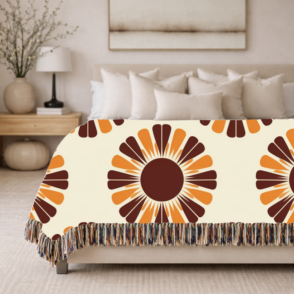 Harvest Sunflower Throw — 1970s Folk Sunflower Woven Blanket