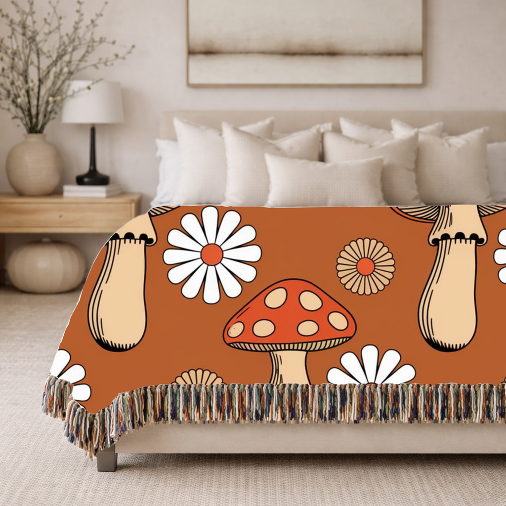 Groovy Mushroom Throw — 1970s Toadstool Daisy Woven Blanket