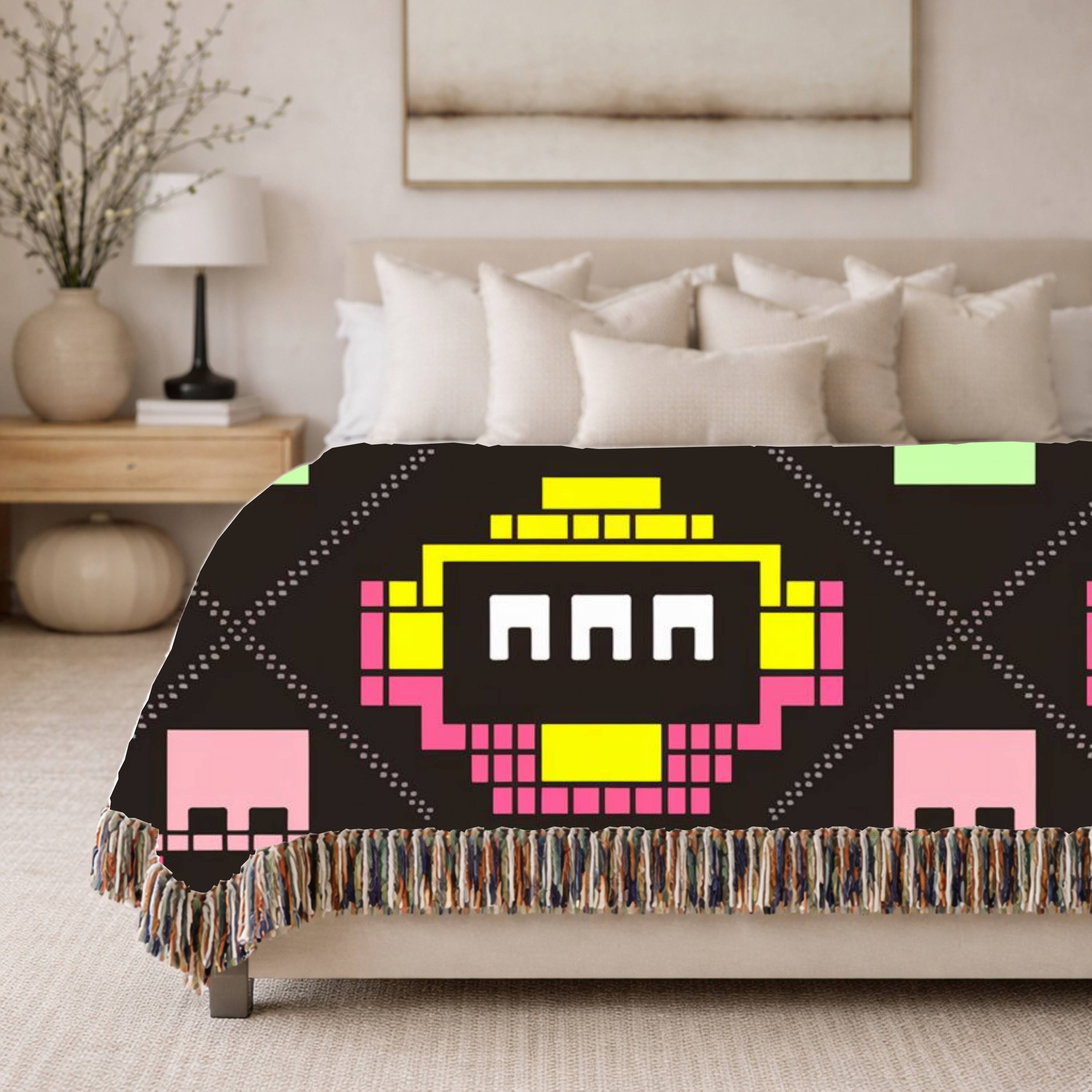 Pixel Robot Throw — 1980s Arcade Game Woven Blanket