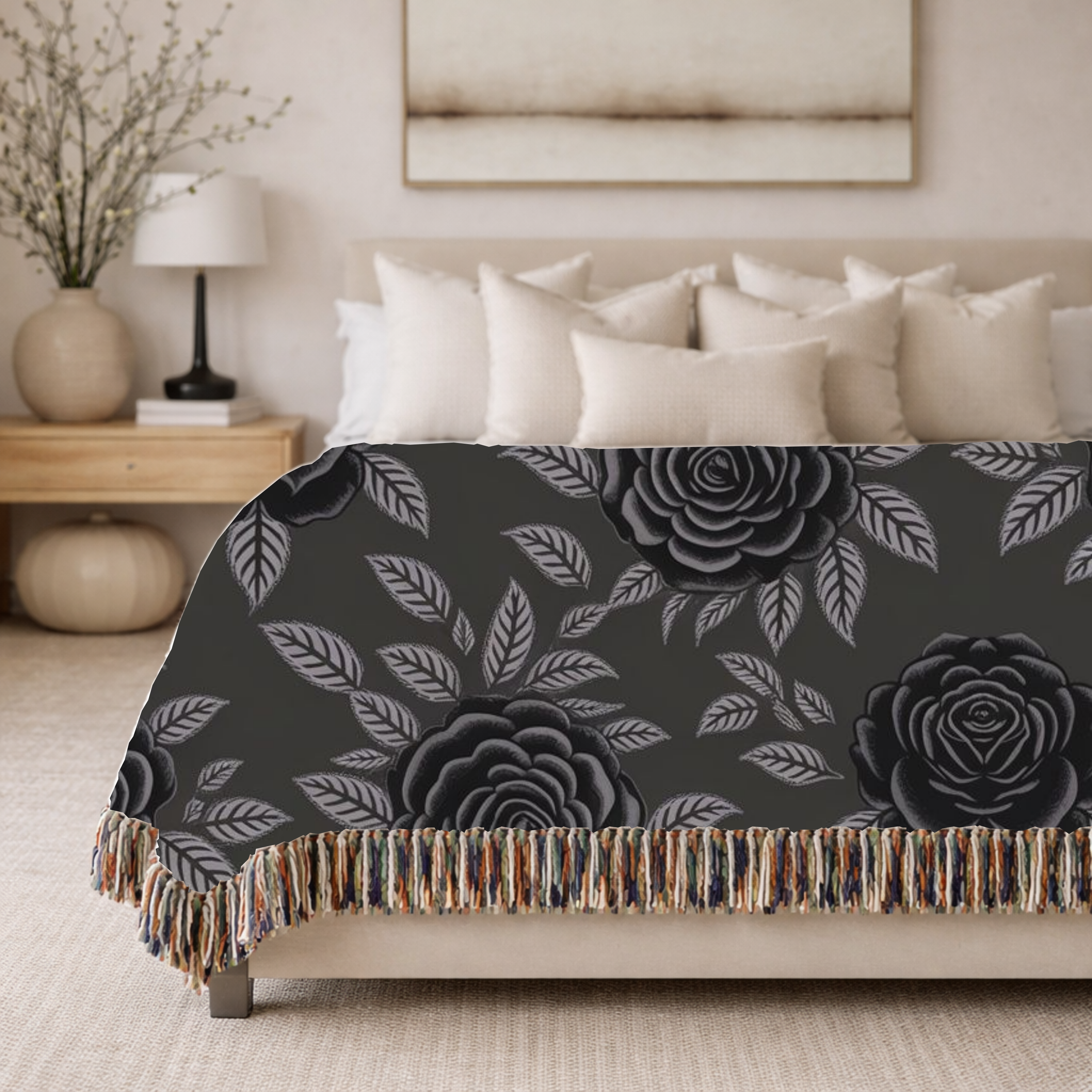 Midnight Rose Throw — 1990s Gothic Floral Woven Blanket