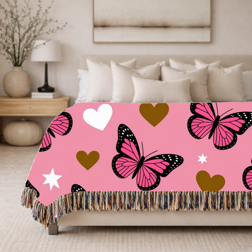 Butterfly Kiss Throw — 2000s Pink Butterfly & Heart Woven Blanket