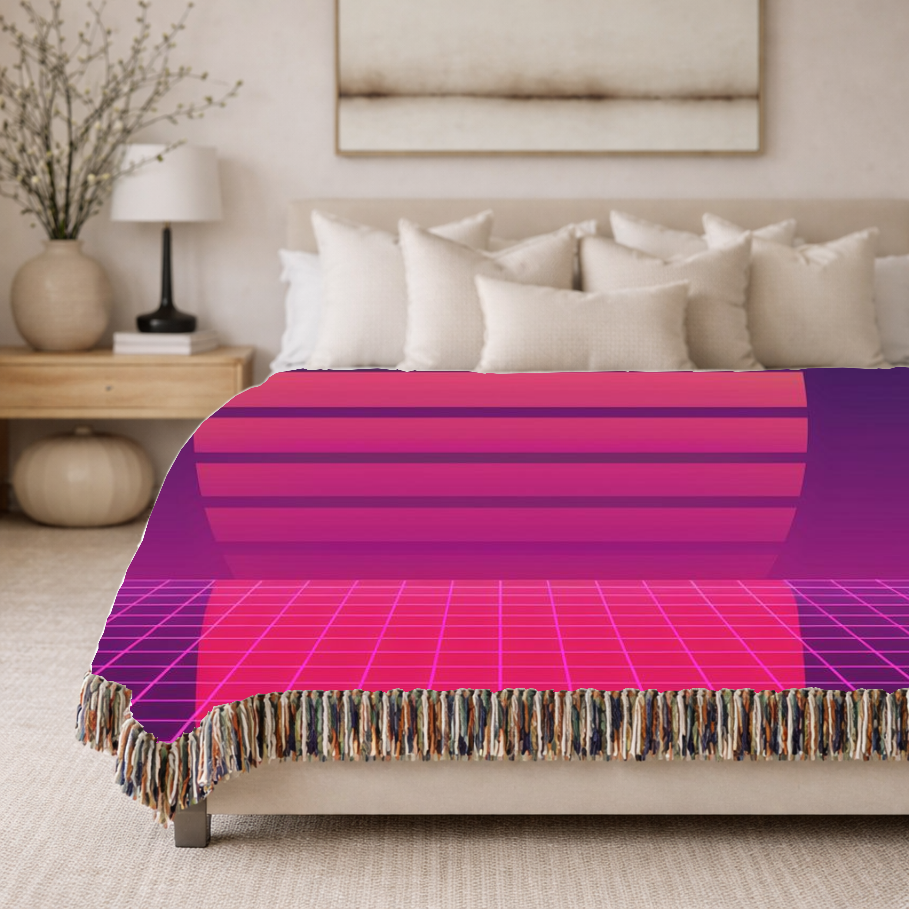 Sunset Grid Throw — 1980s Retrowave Glow Woven Blanket