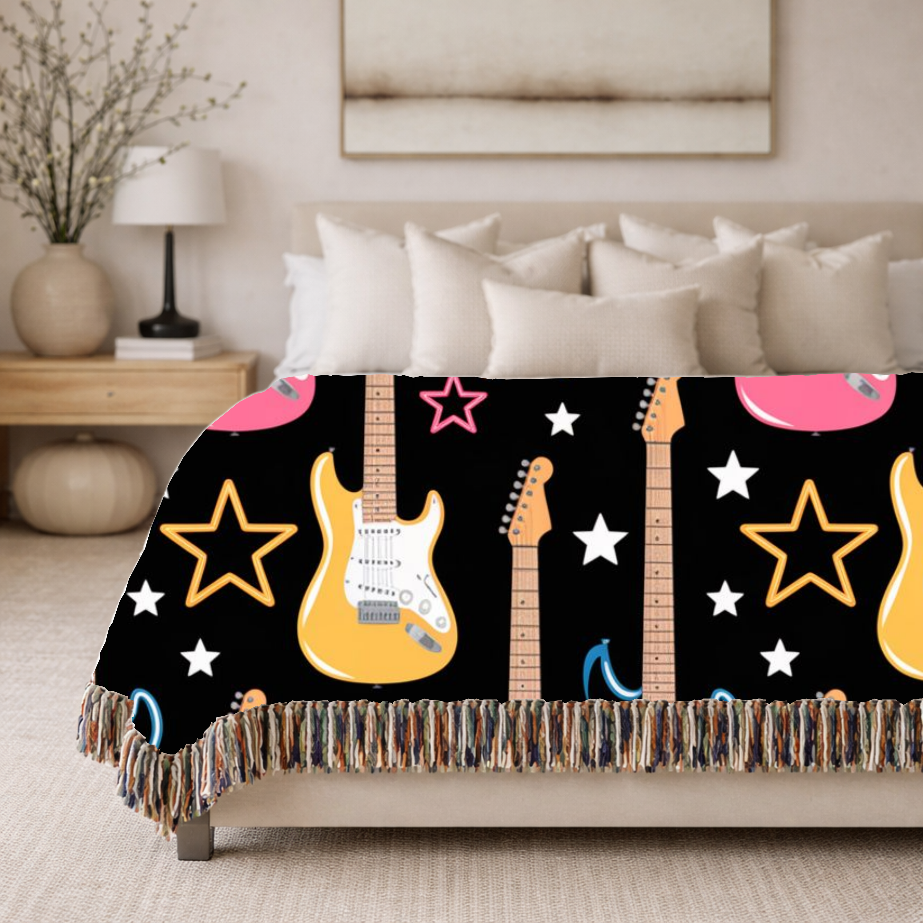Woven Electric Guitar Throw Blanket | Pink Yellow Blue Black Stars, 1980s Rock Décor