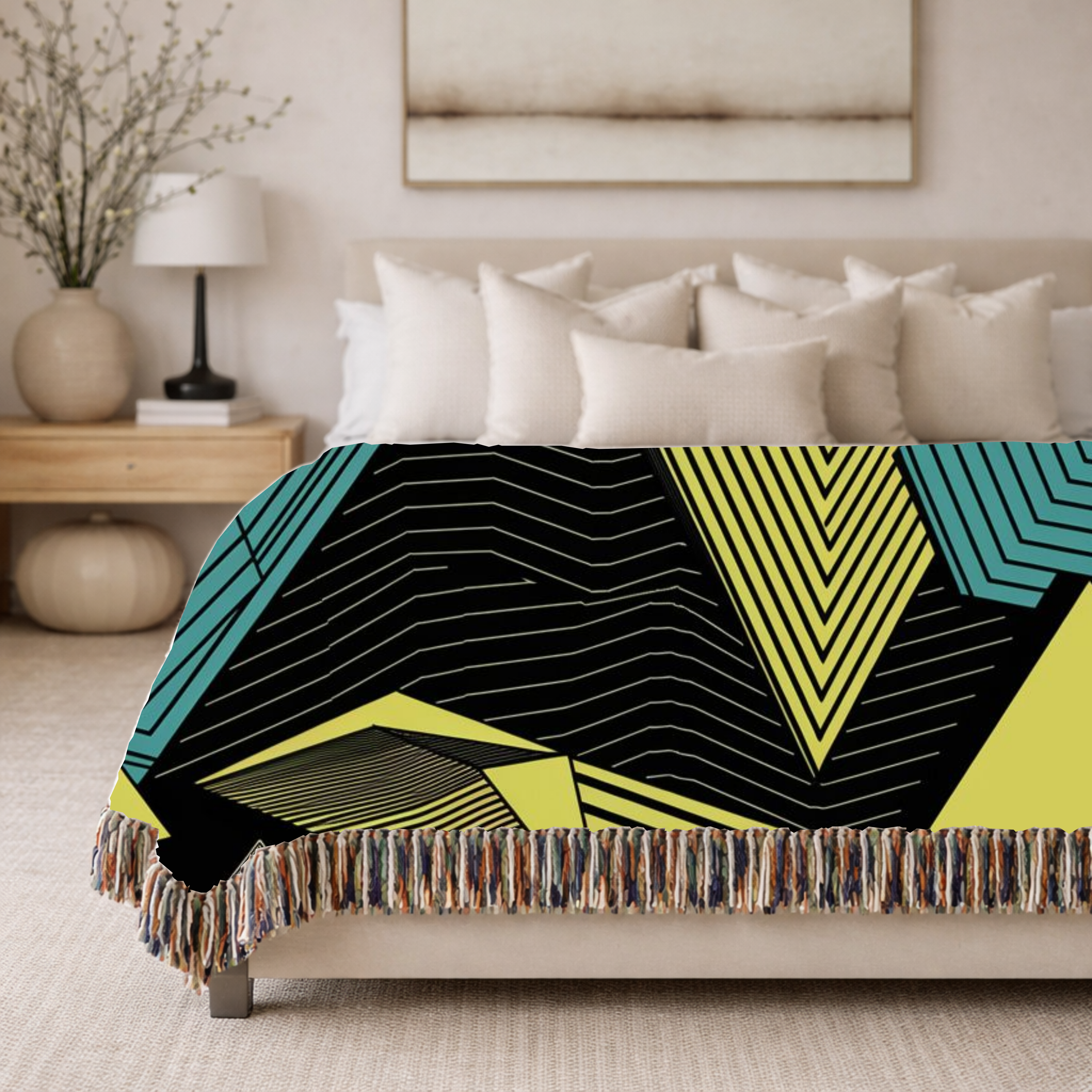Electric Triangle Throw — 1980s Bold Stripe Geometric Woven Blanket