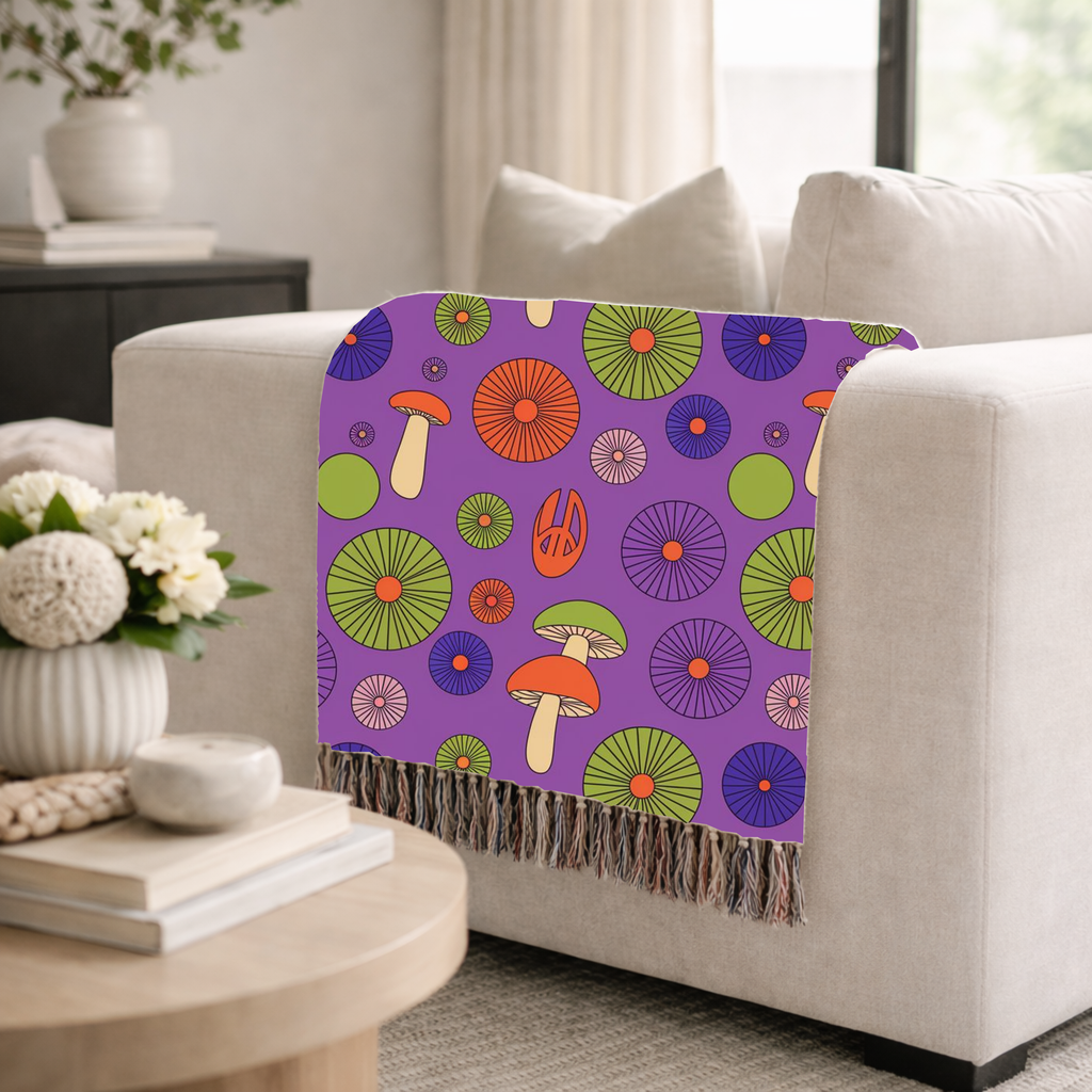 🍄 Magic Mushroom Throw — 1960s Psychedelic Woven Blanket