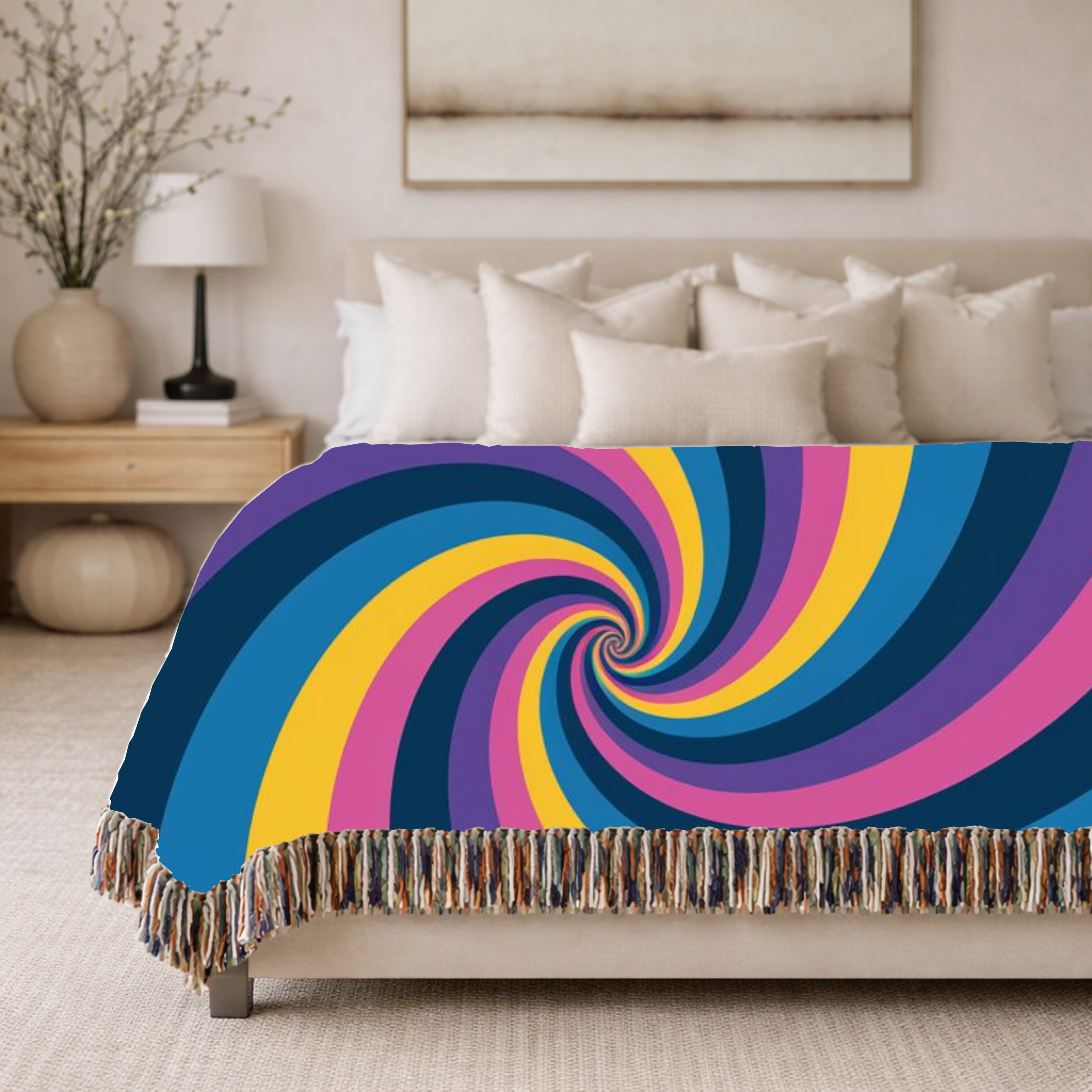 Hypnotic Throw — 1990s Psychedelic Swirl Woven Blanket