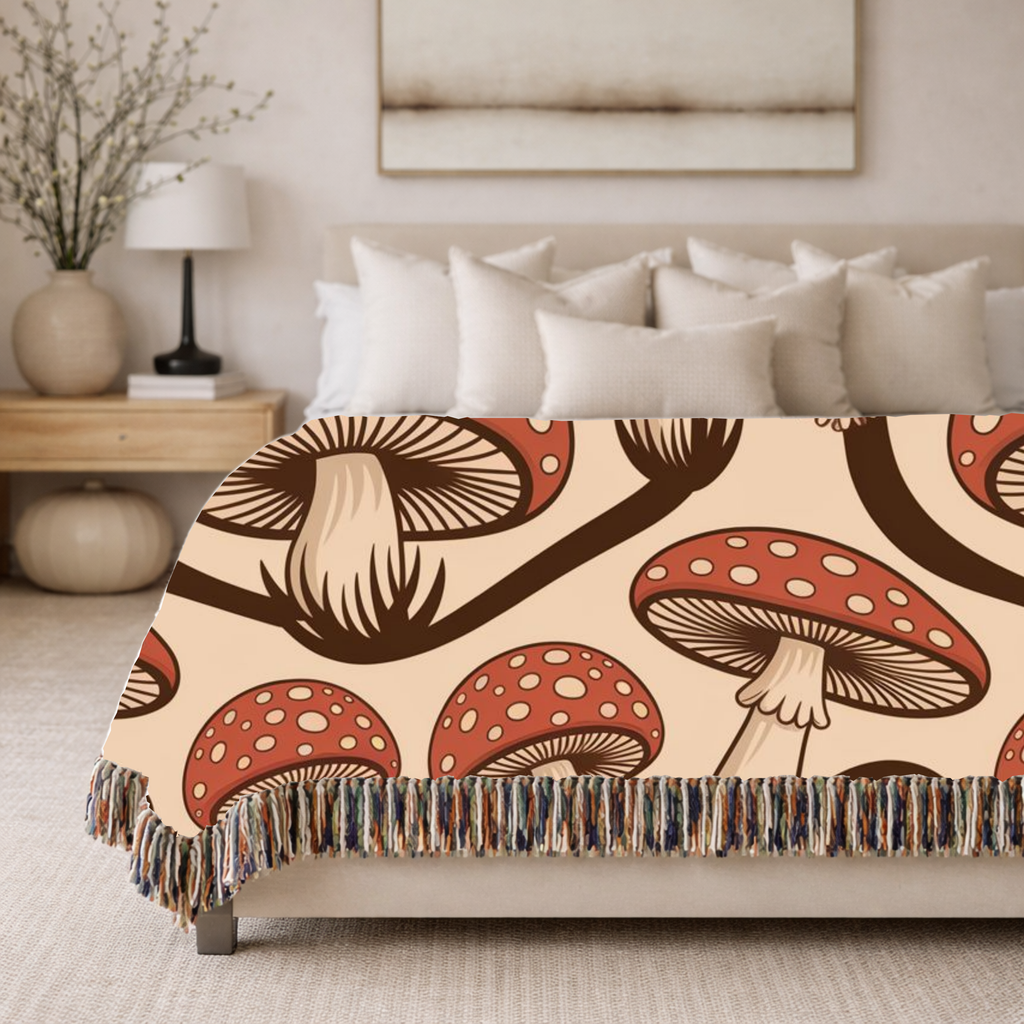Forest Floor Throw — 1970s Woodland Mushroom Woven Blanket