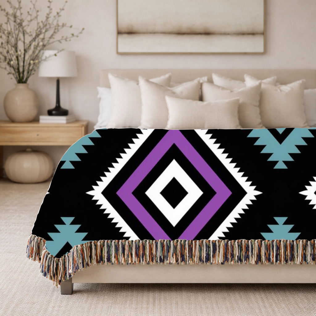 Neon Tribe Throw — 1990s Teal & Purple Geometric Woven Blanket