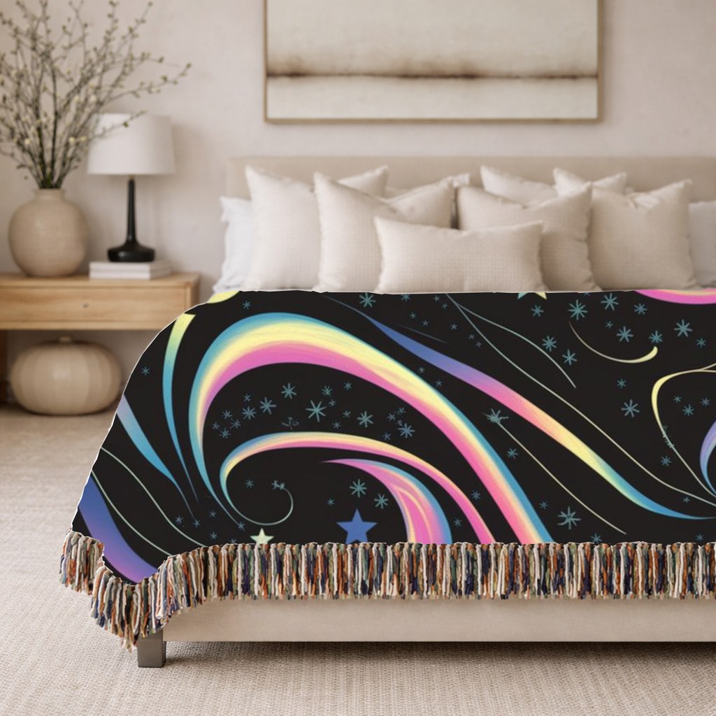 Stardust Throw — 2000s Y2K Rainbow Star Swirl Woven Blanket