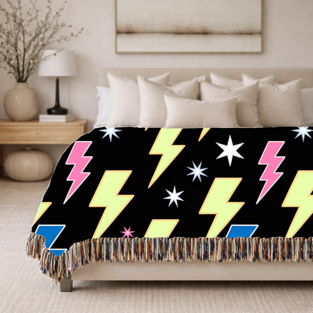 Lightning Strike Throw — 1980s Neon Bolt Woven Blanket