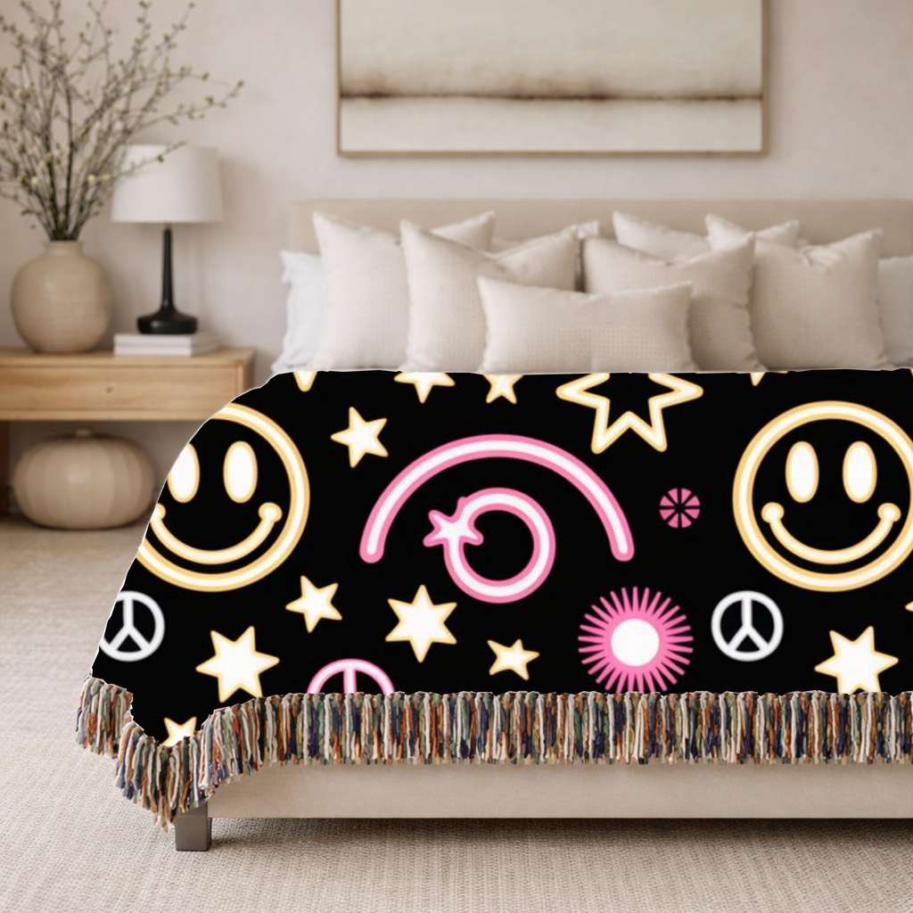 Happy Daze Throw — 1990s Smiley Face & Peace Woven Blanket