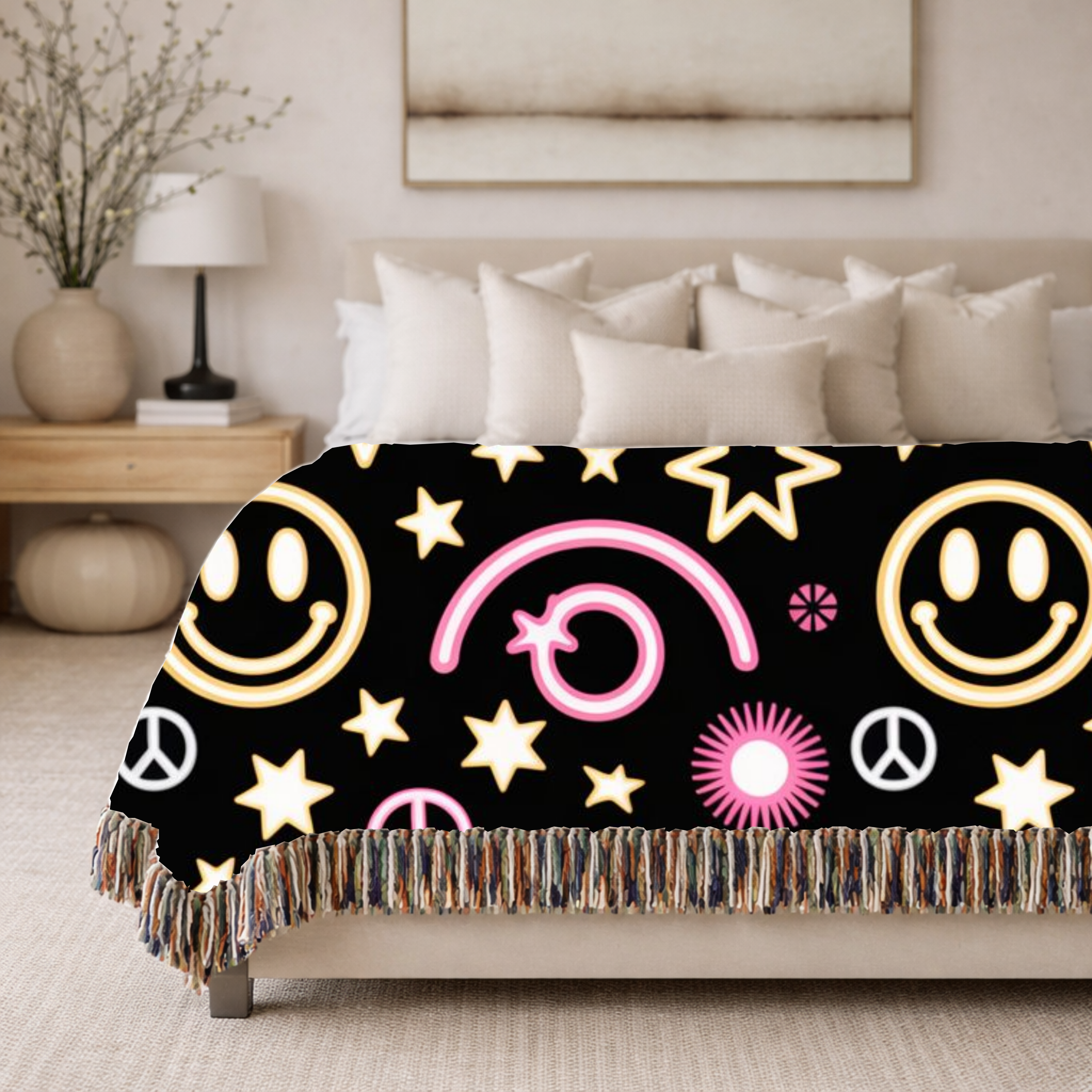 Happy Daze Throw — 1990s Smiley Face & Peace Woven Blanket