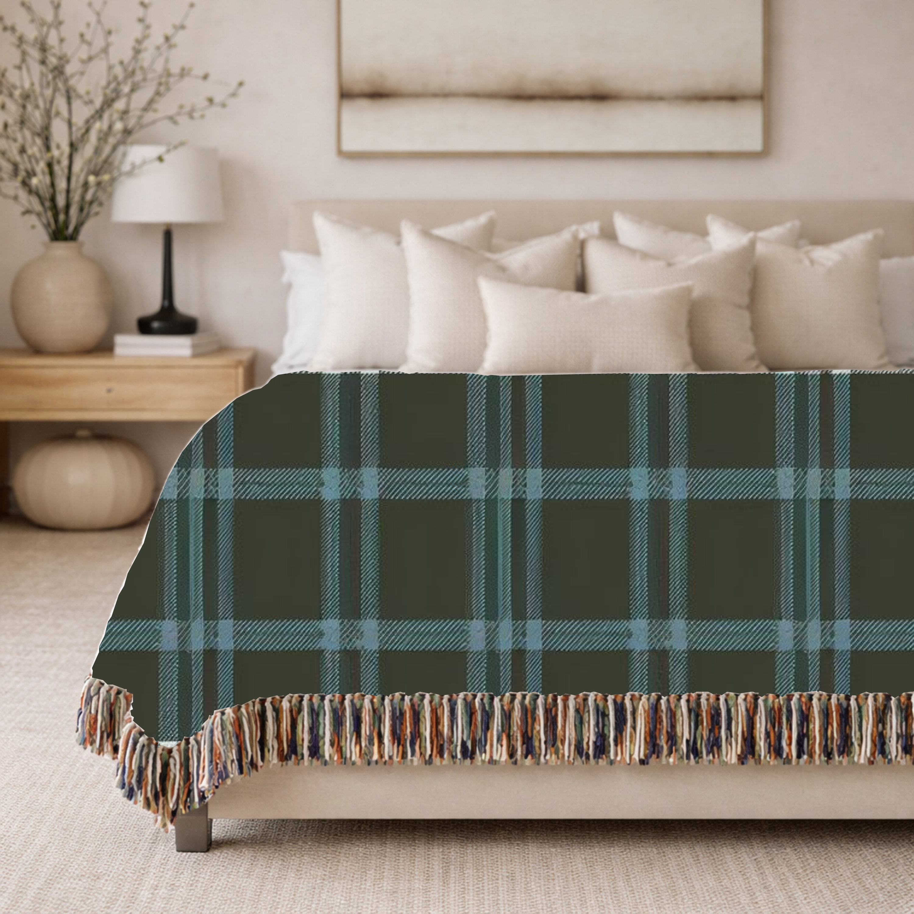 Electric Tartan Throw — 1990s Teal & Red Plaid Woven Blanket