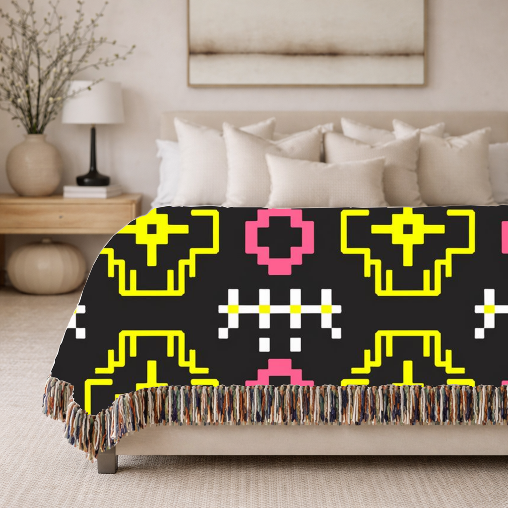 Pixel Bloom Throw — 1980s Arcade Neon Woven Blanket