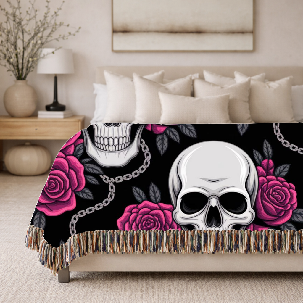 Skull & Roses Throw — 1990s Gothic Skull & Rose Woven Blanket